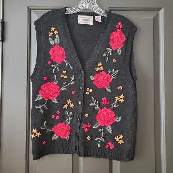 Vintage Ashley Hand Embroidered Floral Cardigan Sweater Vest Womens Size L Black - Picture 6 of 11